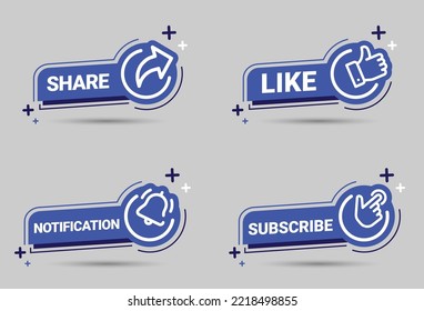 Share, Like, Notification, and Subscribe Buttons. Blue Set Vector Signs for Social Midia On White Background