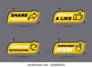 Share, Like, Notification, and Subscribe Buttons. Yellow and Black Set Vector for Social Midia On Dark Background