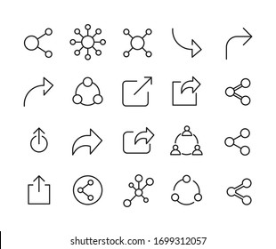 Conjunto de iconos de línea de recurso compartido. Elementos vectoriales de trazo para el diseño moderno. Pictogramas simples para concepto móvil y aplicaciones web. Iconos de línea de vectores aislados en un fondo blanco. 