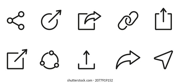 Icono de línea del botón Compartir enlace. Publicar símbolo en el pictograma lineal de medios sociales. Flechas, cuadrado, signo de enlace de recurso compartido de cadena para el icono de esquema del sitio web. Stroke editable. Ilustración de vectores aislados.