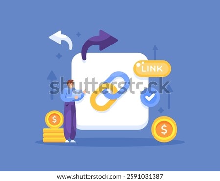 share link concept. affiliate program. send and spread link to others or friends. marketing, information, customers. illustration of man with chain symbol and share link to earn money. flat style 