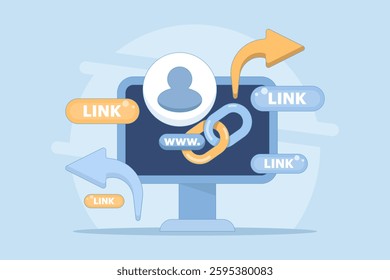 share link concept. send and spread link to others or friends. user security in accessing link, marketing, address, information, customers. account symbol and share link.