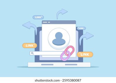 share link concept. send and spread link to others or friends. user security in accessing link, marketing, address, information, customers. account symbol and share link.
