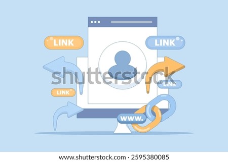 share link concept. send and spread link to others or friends. user security in accessing link, marketing, address, information, customers. account symbol and share link.