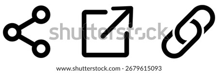 Share and link icons set with share, external arrow and chain symbols for navigation, web links and user interface.