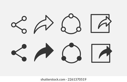 Linkzeilensymbole freigeben. Piktogramme für mobile Konzepte und Web-Apps. Social Media-Symbole mit Umriss- und Glyph-Stil. Vektorgrafik