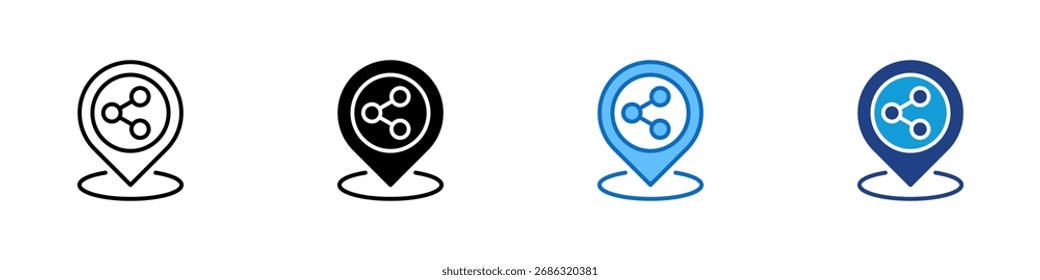 Share Location Multiple Style Icon Design Vector - Map pin with network nodes, symbolizing shared location, connection, or online geo service