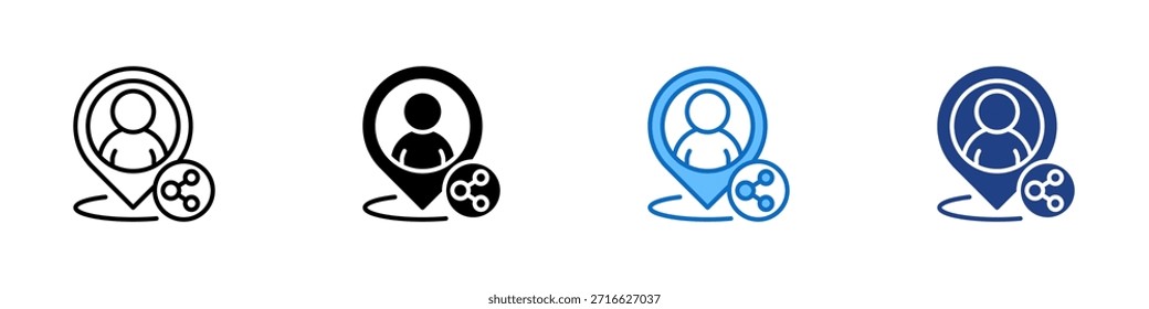 Vector de diseño de íconos de estilo múltiple de Locación de Compartir: persona dentro del pin del mapa con nodos conectados que representan la ubicación social o compartida