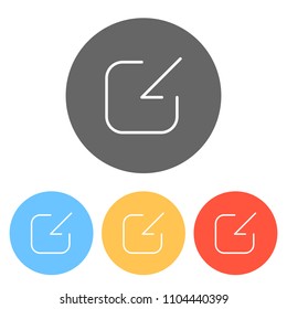 Share, login or download. Diagonal arrow into square. Set of white icons on colored circles