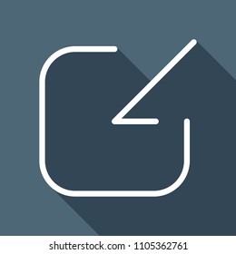 Share, login or download. Diagonal arrow into square. White flat icon with long shadow on background