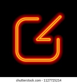 Share, login or download. Diagonal arrow into square. Orange neon style on black background. Light icon