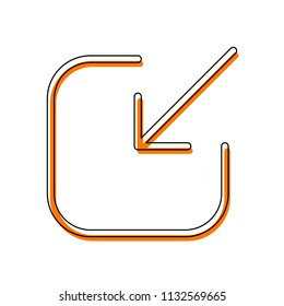 Share, login or download. Diagonal arrow into square. Isolated icon consisting of black thin contour and orange moved filling on different layers. White background