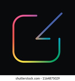 Share, login or download. Diagonal arrow into square. Rainbow color and dark background