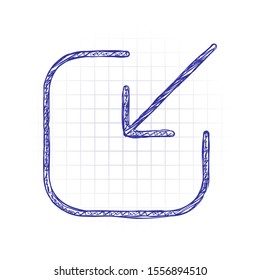 Share, login or download. Diagonal arrow into square. Hand drawn sketched picture with scribble fill. Blue ink. Doodle on white background