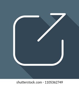 Share, logout or upload. Diagonal arrow out square. White flat icon with long shadow on background