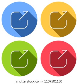 Share, logout or upload. Diagonal arrow out square. Set of white icons with long shadow on blue, orange, green and red colored circles. Sticker style