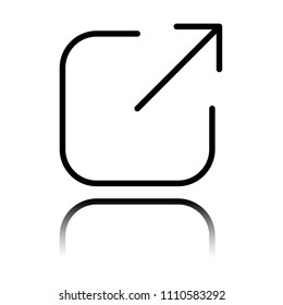 Share, logout or upload. Diagonal arrow out square. Black icon with mirror reflection on white background