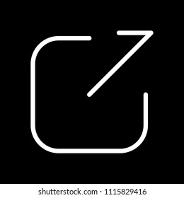 Share, logout or upload. Diagonal arrow out square. White icon on black background. Inversion