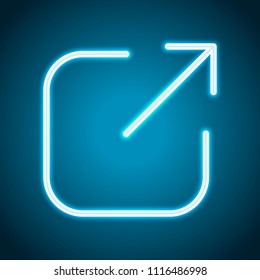 Share, logout or upload. Diagonal arrow out square. Neon style. Light decoration icon. Bright electric symbol
