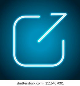 Share, logout or upload. Diagonal arrow out square. Neon style. Light decoration icon. Bright electric symbol