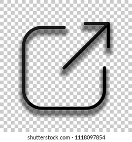 Share, logout or upload. Diagonal arrow out square. Black glass icon with soft shadow on transparent background