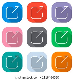 Share, logout or upload. Diagonal arrow out square. Set of white icons on colored squares for applications. Seamless and pattern for poster
