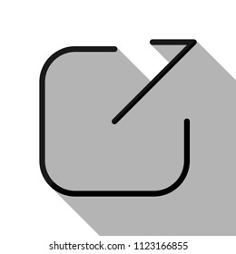 Share, logout or upload. Diagonal arrow out square. Black object with long shadow on white background