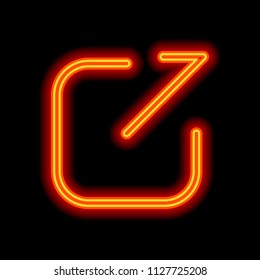 Share, logout or upload. Diagonal arrow out square. Orange neon style on black background. Light icon