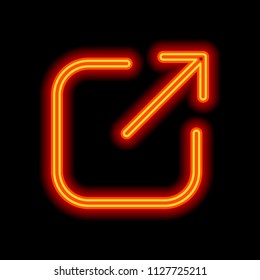 Share, logout or upload. Diagonal arrow out square. Orange neon style on black background. Light icon