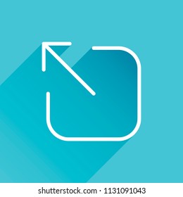 Share, logout or upload. Diagonal arrow out square. Gray icon with long shadow in bottom left corner on blue background