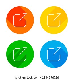 Share, logout or upload. Diagonal arrow out square. Flat white icon on colored circles background. Four different long shadows in each corners