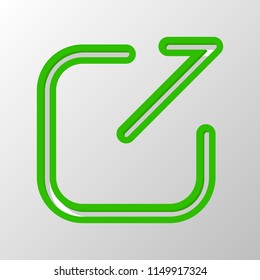 Share, logout or upload. Diagonal arrow out square. Paper style. Cut symbol with green bold contour on shape and simple shadow