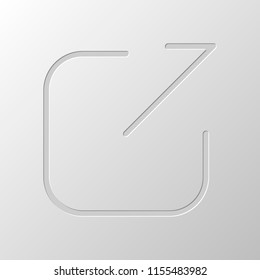 Share, logout or upload. Diagonal arrow out square. Paper design. Cutted symbol. Pitted style