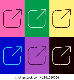 Share, logout or upload. Diagonal arrow out square. Pop art style. Scratched icons on 6 colour backgrounds. Seamless pattern