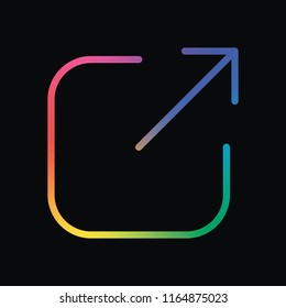Share, logout or upload. Diagonal arrow out square. Rainbow color and dark background