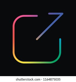 Share, logout or upload. Diagonal arrow out square. Rainbow color and dark background