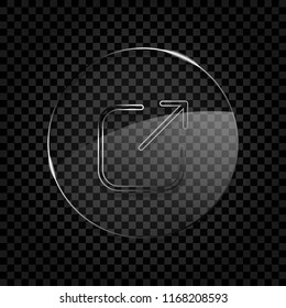Share, logout or upload. Diagonal arrow out square. Icon in circle glass bubble on dark transparent grid. Glass style