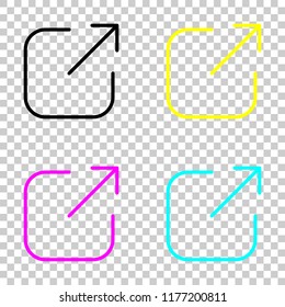 Share, logout or upload. Diagonal arrow out square. Colored set of cmyk icons on transparent background