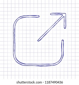 Share, logout or upload. Diagonal arrow out square. Hand drawn picture on paper sheet. Blue ink, outline sketch style. Doodle on checkered background