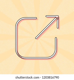 Share, logout or upload. Diagonal arrow out square. Vintage retro typography with offset printing effect. Dots poster with comics pop art background