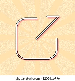 Share, logout or upload. Diagonal arrow out square. Vintage retro typography with offset printing effect. Dots poster with comics pop art background