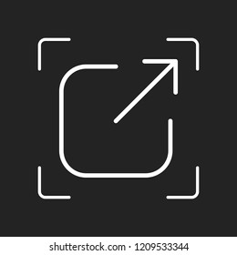 Share, logout or upload. Diagonal arrow out square. White object in camera autofocus on dark background