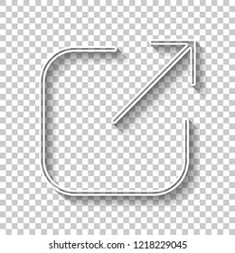 Share, logout or upload. Diagonal arrow out square. White outline sign with shadow on transparent background