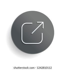 Share, logout or upload. Diagonal arrow out square. White paper symbol on gray round button or badge with shadow