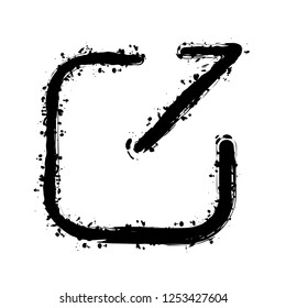 Share, logout or upload. Diagonal arrow out square. Black ink with splashes on white background