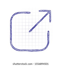 Share, logout or upload. Diagonal arrow out square. Hand drawn sketched picture with scribble fill. Blue ink. Doodle on white background