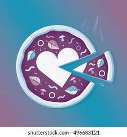 Share the Love! Abstract pizza with heart symbol and slice. Idea - Charity, Aid, Care, Assistance and Donation, Give your love to others, Valentines day, Engagement, Marriage and Honeymoon concepts.