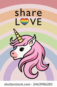 Share love card with cute unicorn on LGBT rainbow background. Pride month card