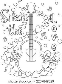 Share the love font with guitar and heart music element. Hand drawn with inspiration word. Doodles art for Happy Valentine's day card or greeting card. Coloring book for adults and kids.