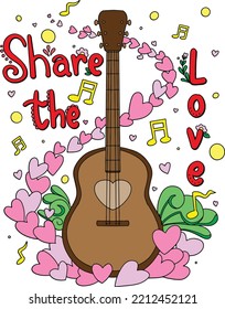 Share the love font with guitar and heart music element. Hand drawn with inspiration word. Doodles art for Happy Valentine's day card or greeting card. Coloring book for adults and kids.